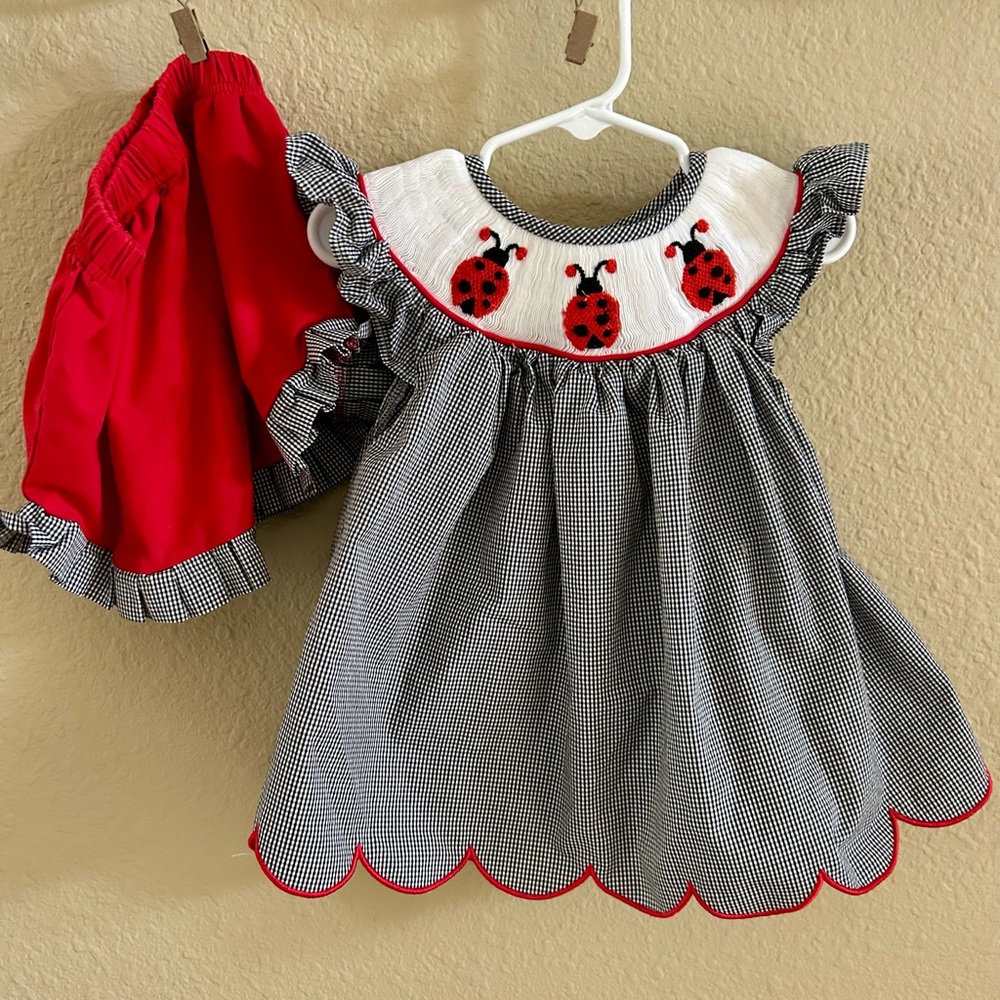 Lady Bug Sundress with Flutter Cap Sleeves and Matching Shorts 18 Months